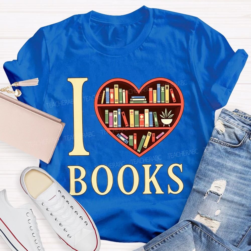 I Love Books Heart Bookshelf Teacher T-shirt