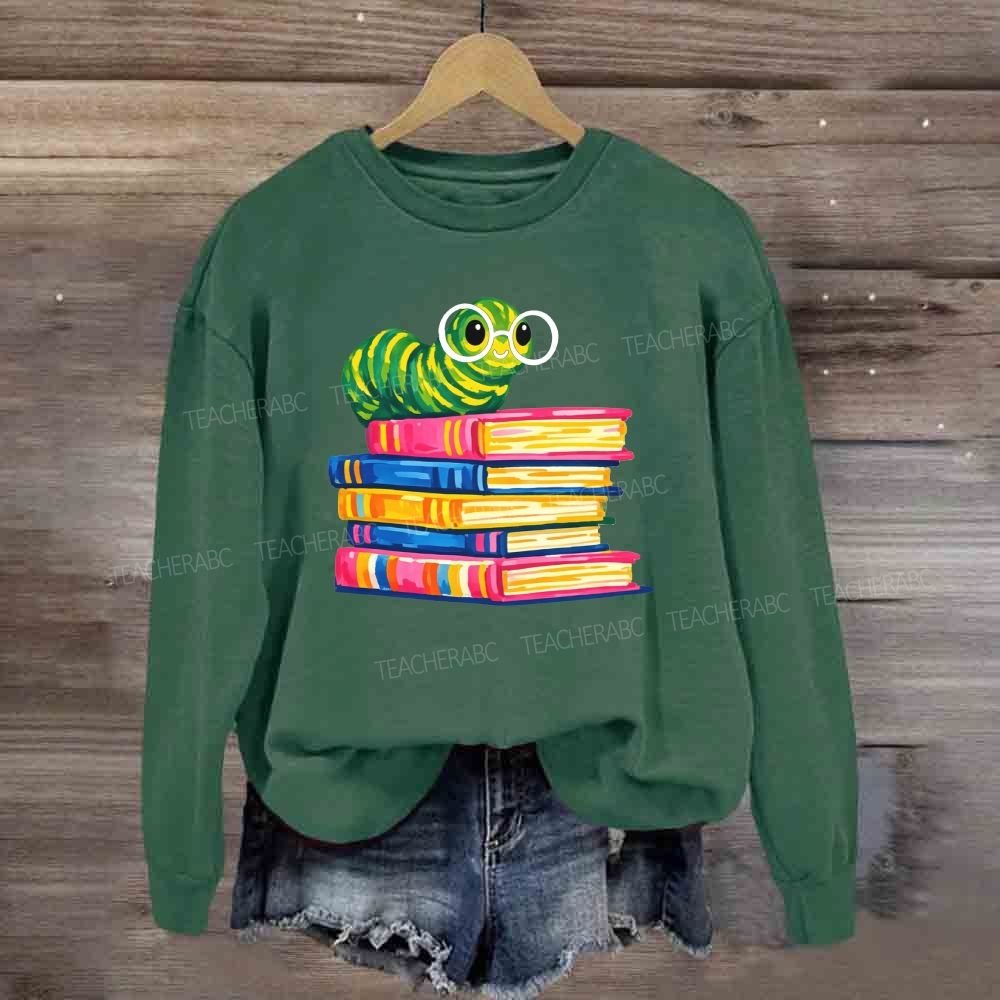 Bookworm Caterpillar With Glasses Stack Of Colorful Books Reading Sweatshirt