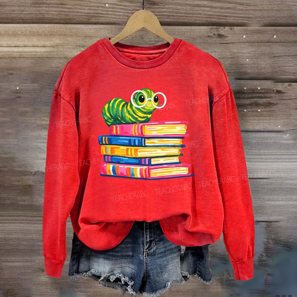 Bookworm Caterpillar With Glasses Stack Of Colorful Books Reading Sweatshirt
