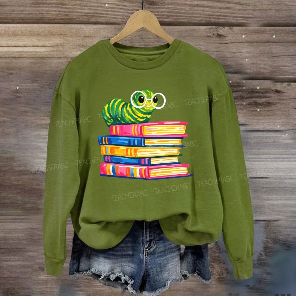 Bookworm Caterpillar With Glasses Stack Of Colorful Books Reading Sweatshirt