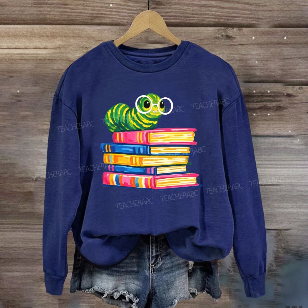 Bookworm Caterpillar With Glasses Stack Of Colorful Books Reading Sweatshirt