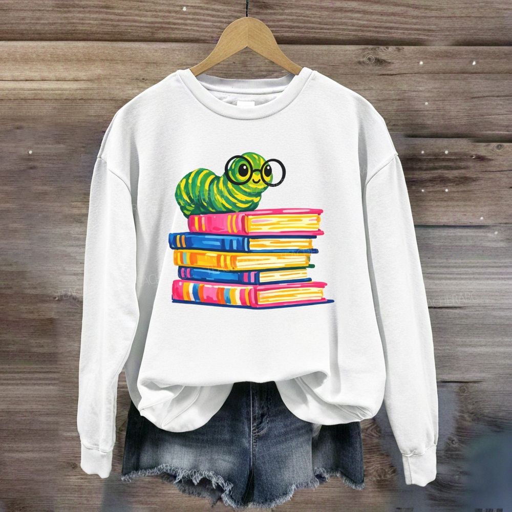 Bookworm Caterpillar With Glasses Stack Of Colorful Books Reading Sweatshirt