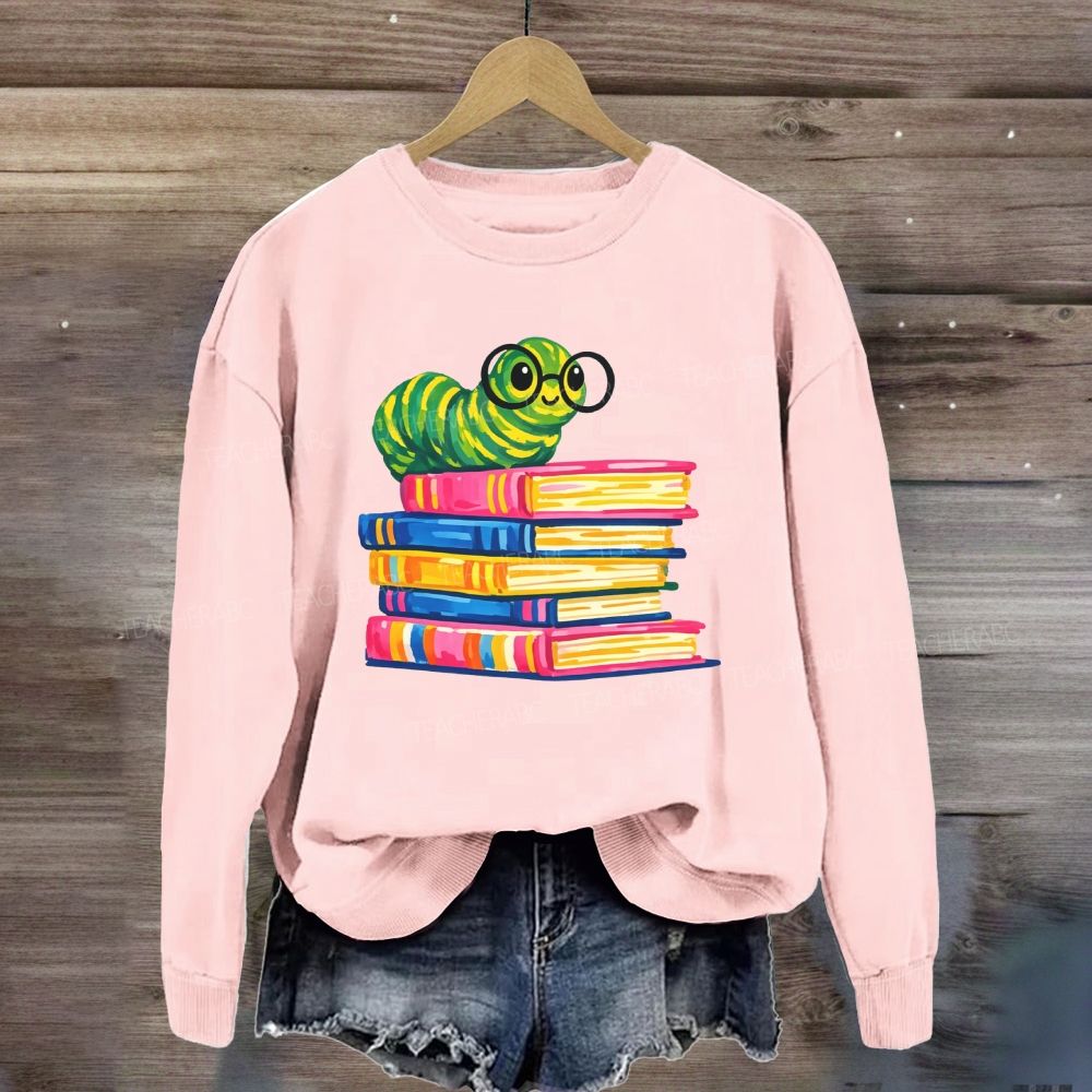 Bookworm Caterpillar With Glasses Stack Of Colorful Books Reading Sweatshirt