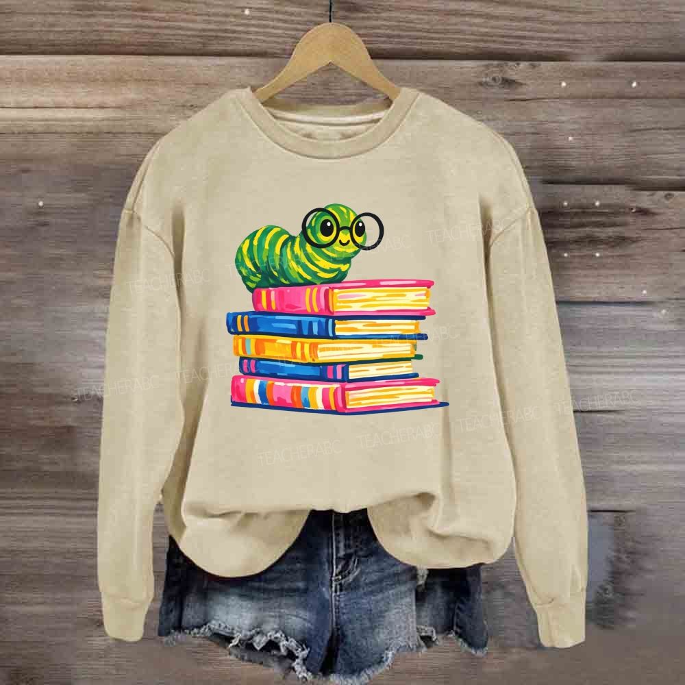 Bookworm Caterpillar With Glasses Stack Of Colorful Books Reading Sweatshirt