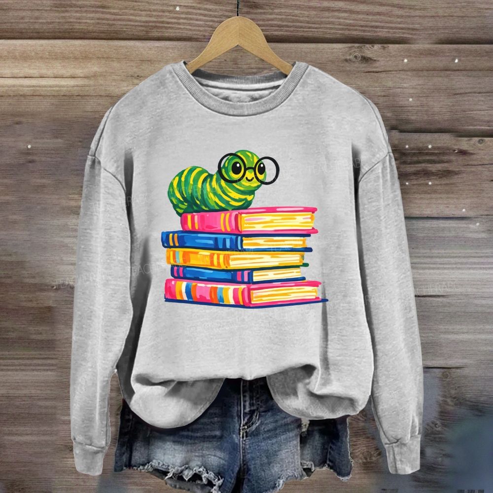Bookworm Caterpillar With Glasses Stack Of Colorful Books Reading Sweatshirt