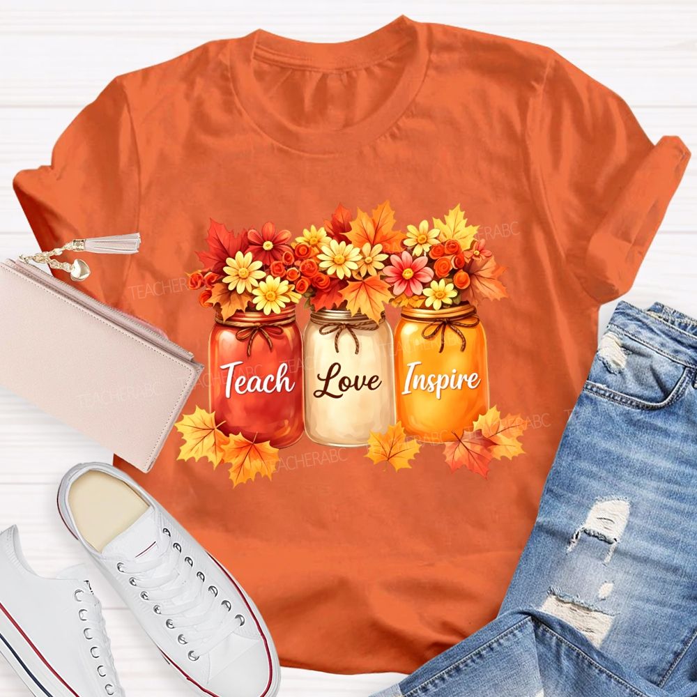 Teach Love Inspire Autumn Floral Teacher T-shirt