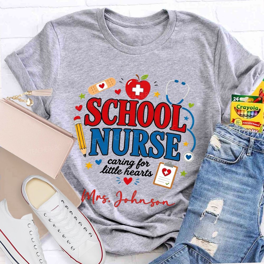 Personalized Name School Nurse Caring For Little Hearts T-shirt