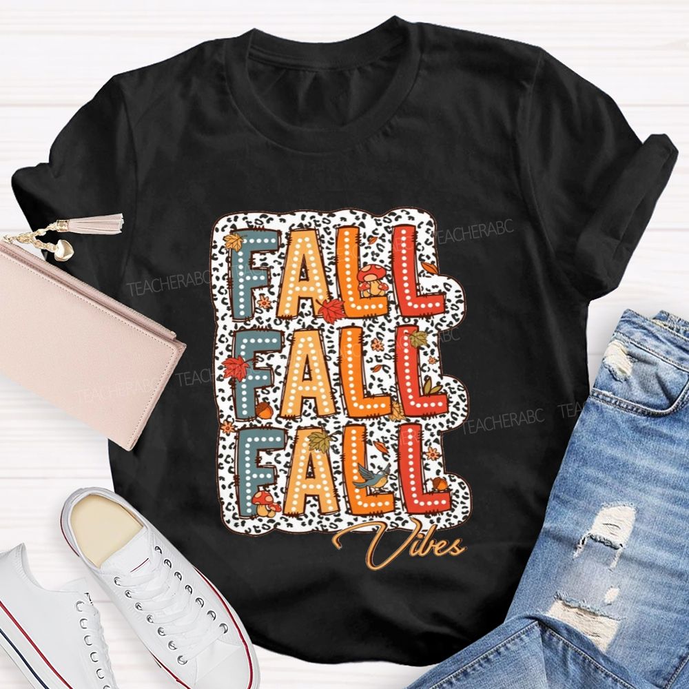 Fall Vibes Leopard Autumn Leaves Mushroom Bird Teacher T-shirt