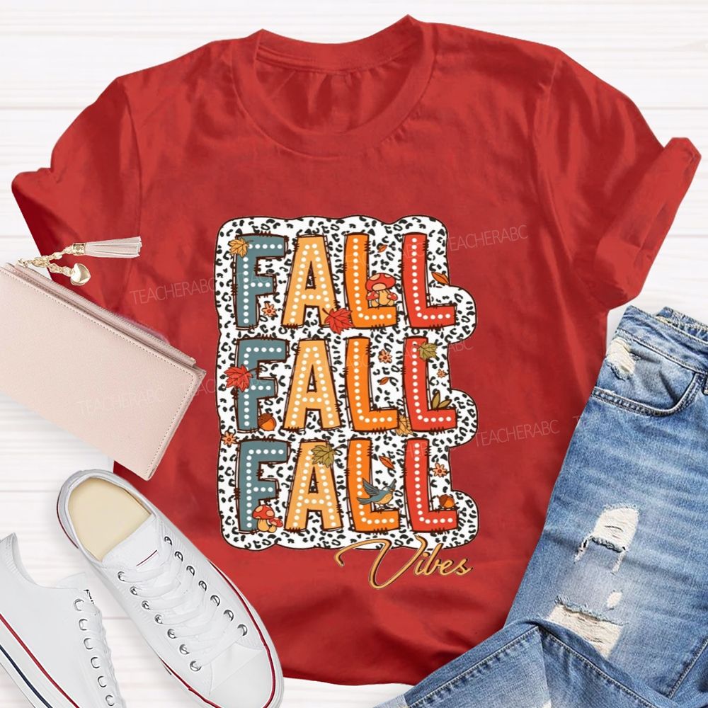 Fall Vibes Leopard Autumn Leaves Mushroom Bird Teacher T-shirt