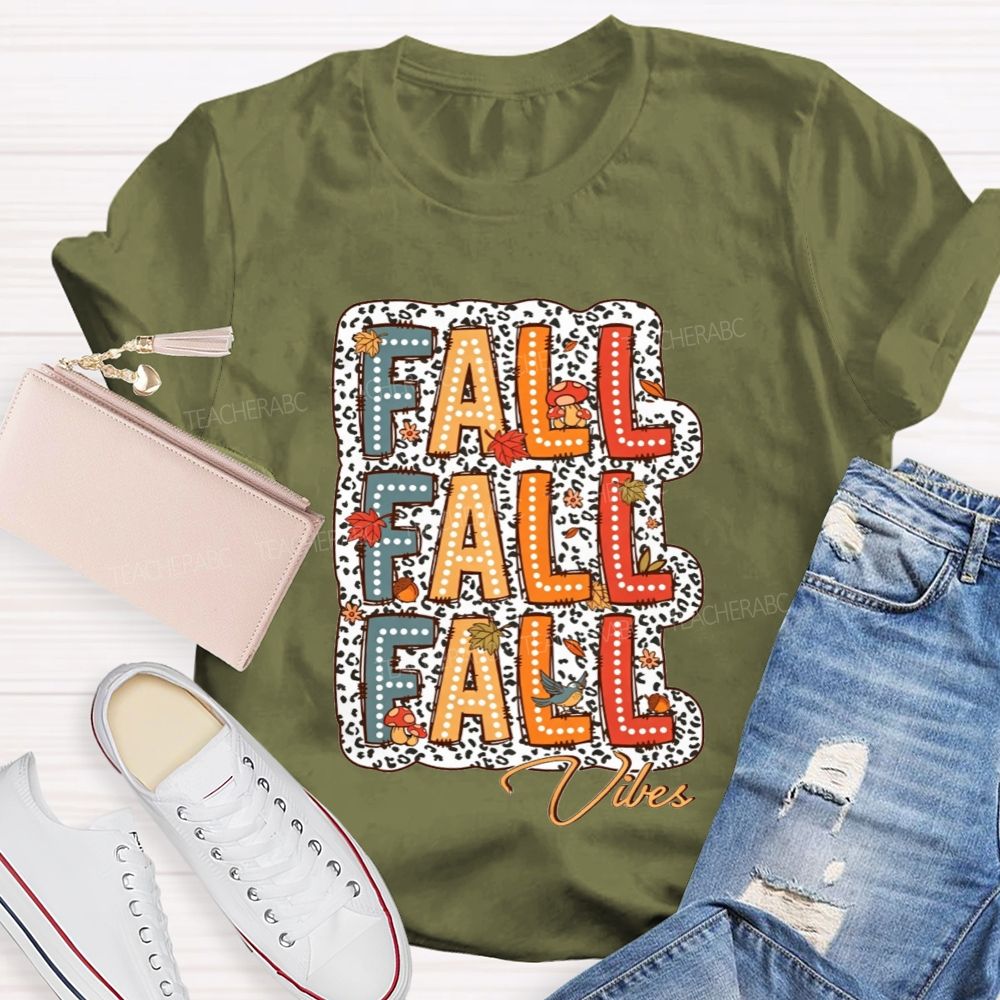 Fall Vibes Leopard Autumn Leaves Mushroom Bird Teacher T-shirt