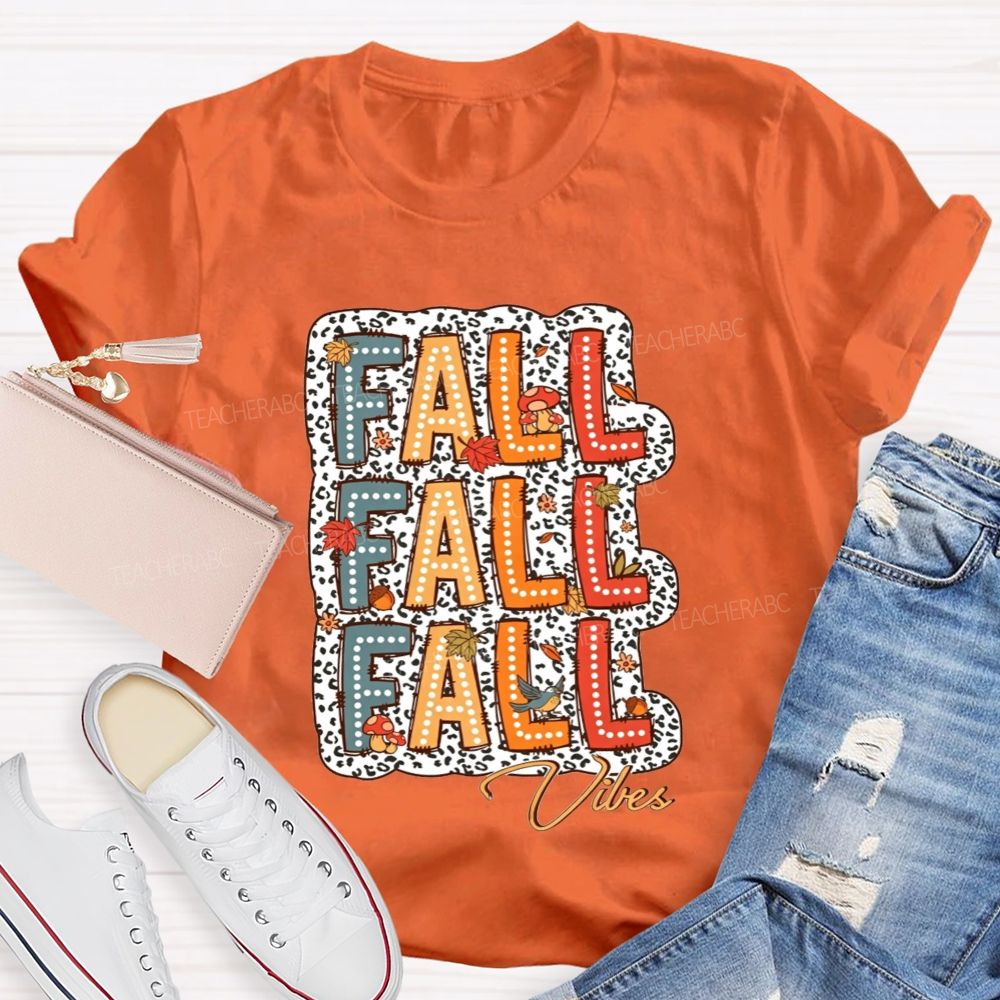 Fall Vibes Leopard Autumn Leaves Mushroom Bird Teacher T-shirt