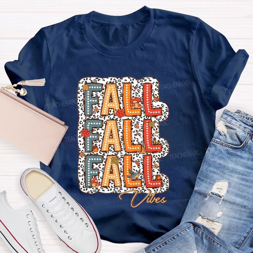 Fall Vibes Leopard Autumn Leaves Mushroom Bird Teacher T-shirt