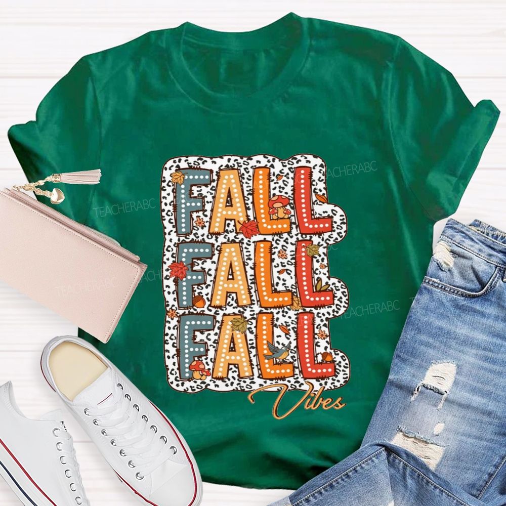 Fall Vibes Leopard Autumn Leaves Mushroom Bird Teacher T-shirt