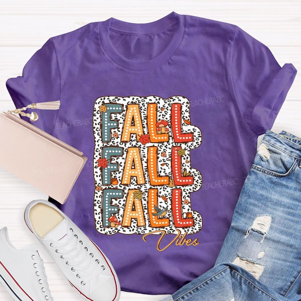Fall Vibes Leopard Autumn Leaves Mushroom Bird Teacher T-shirt