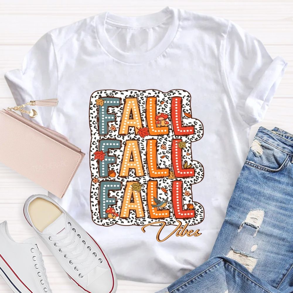 Fall Vibes Leopard Autumn Leaves Mushroom Bird Teacher T-shirt