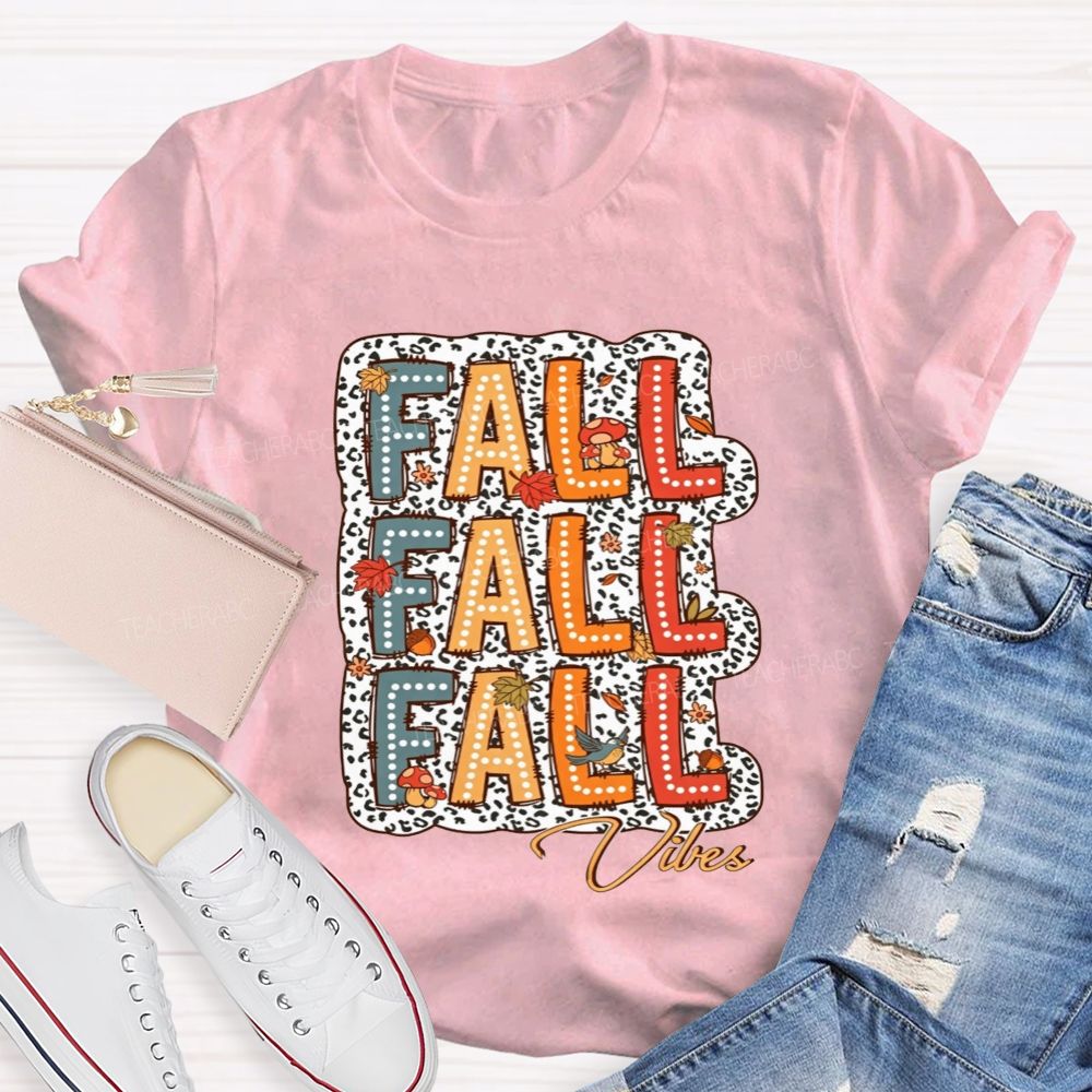 Fall Vibes Leopard Autumn Leaves Mushroom Bird Teacher T-shirt