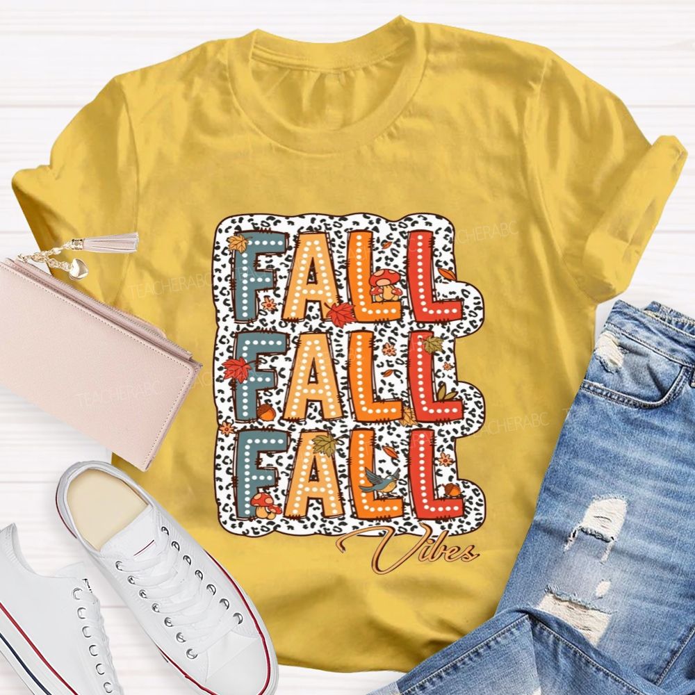 Fall Vibes Leopard Autumn Leaves Mushroom Bird Teacher T-shirt