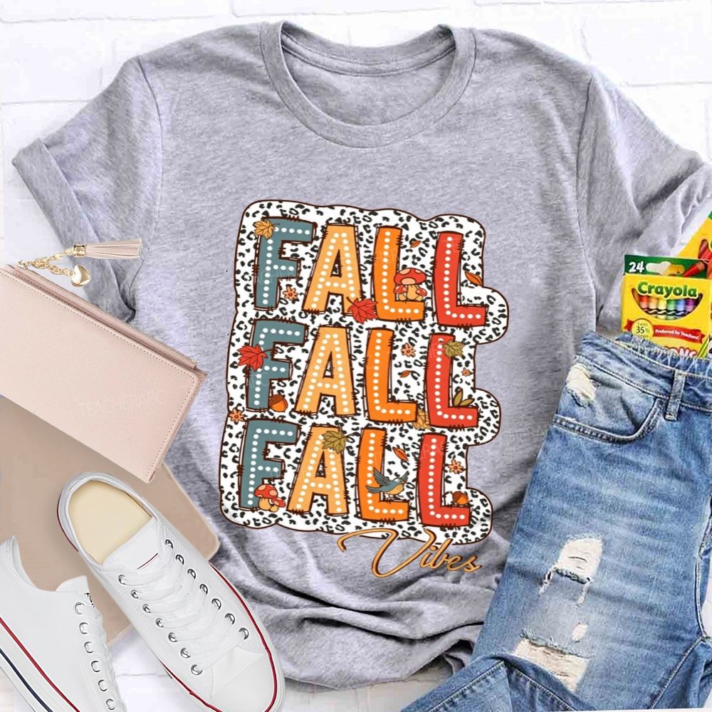 Fall Vibes Leopard Autumn Leaves Mushroom Bird Teacher T-shirt