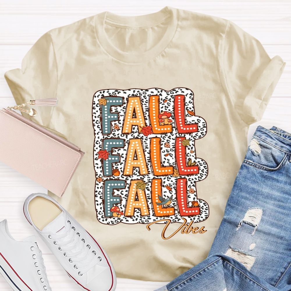 Fall Vibes Leopard Autumn Leaves Mushroom Bird Teacher T-shirt
