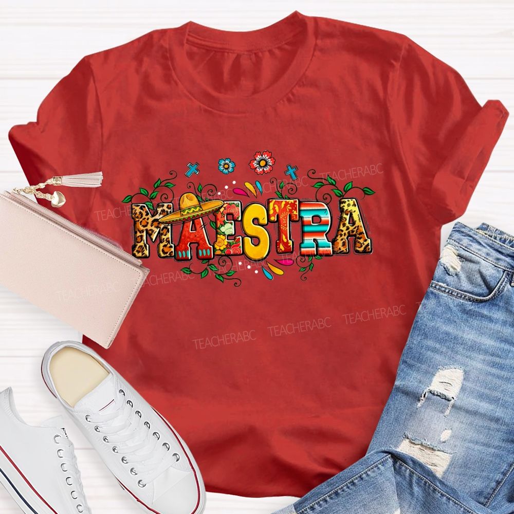 Maestra Sombrero Leopard Floral Teacher T-shirt
