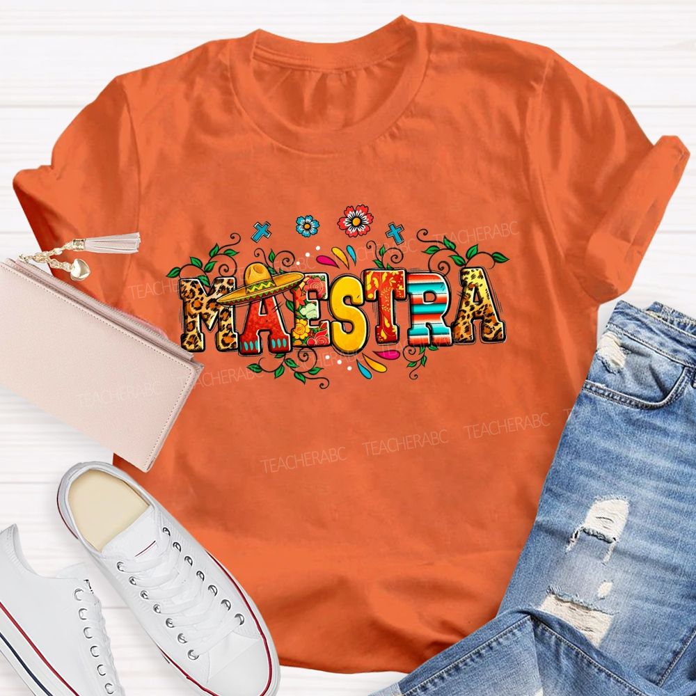 Maestra Sombrero Leopard Floral Teacher T-shirt