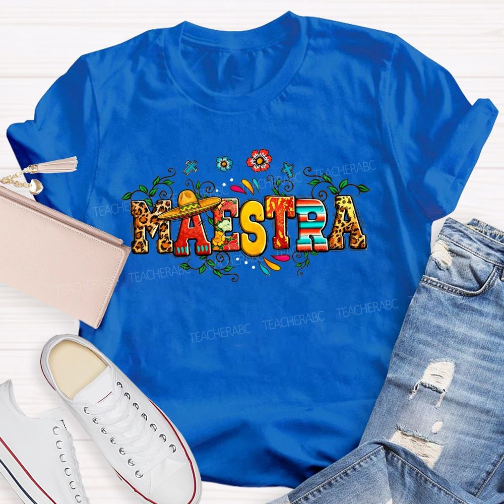 Maestra Sombrero Leopard Floral Teacher T-shirt