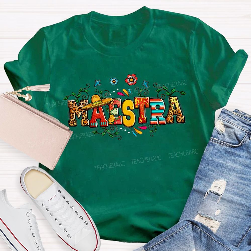 Maestra Sombrero Leopard Floral Teacher T-shirt