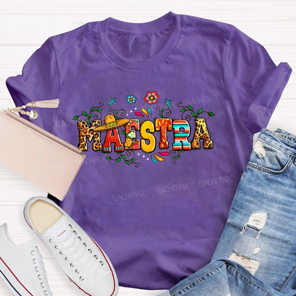 Maestra Sombrero Leopard Floral Teacher T-shirt