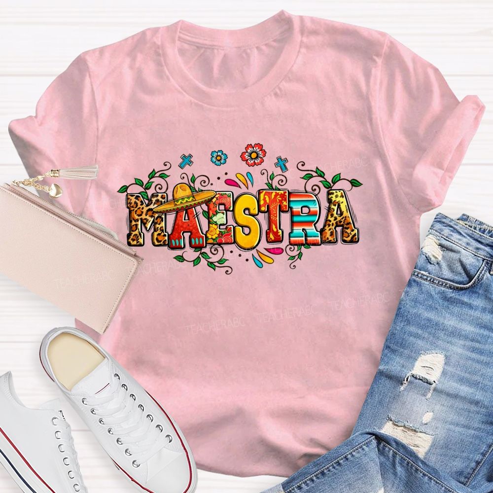 Maestra Sombrero Leopard Floral Teacher T-shirt