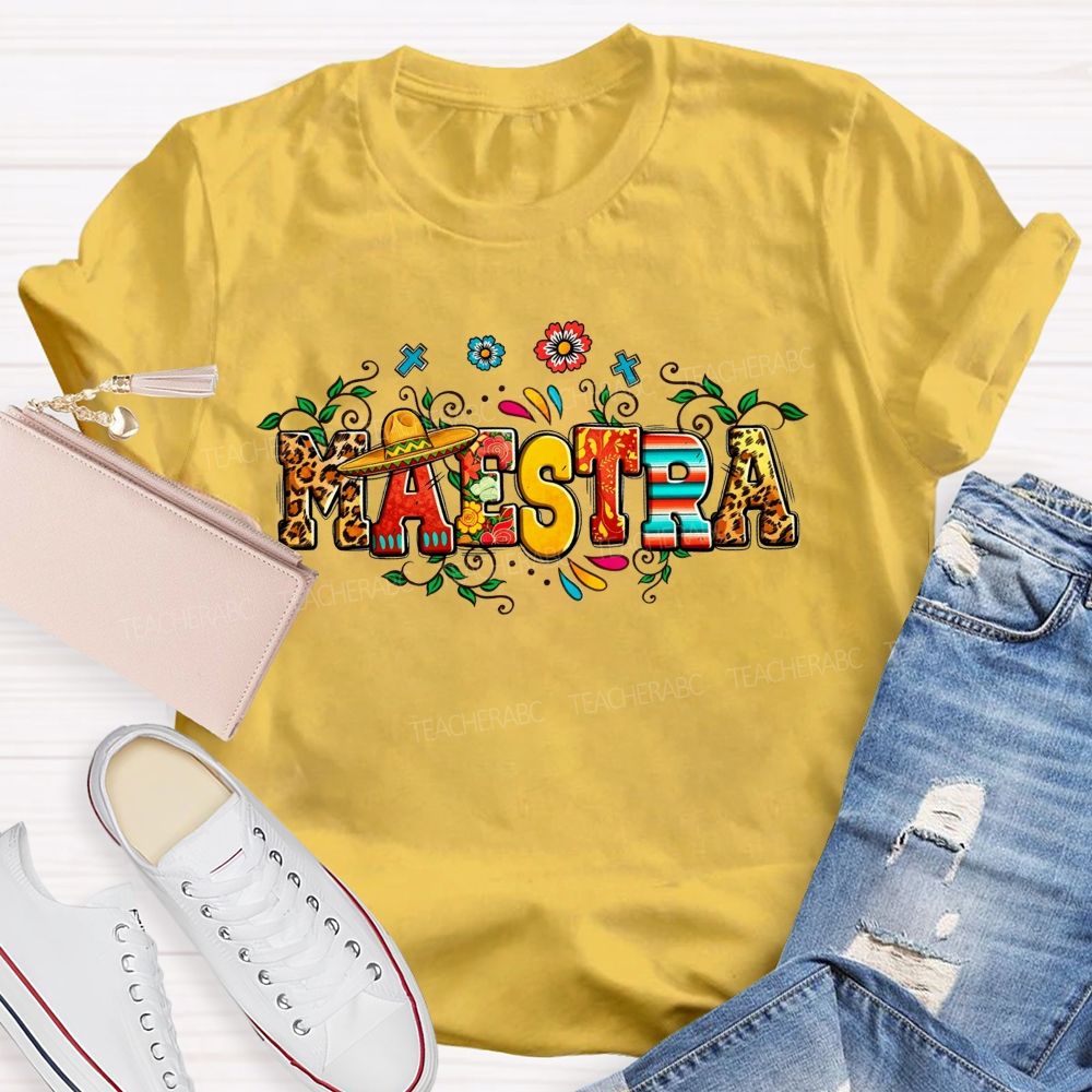 Maestra Sombrero Leopard Floral Teacher T-shirt