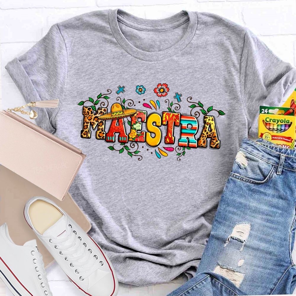 Maestra Sombrero Leopard Floral Teacher T-shirt