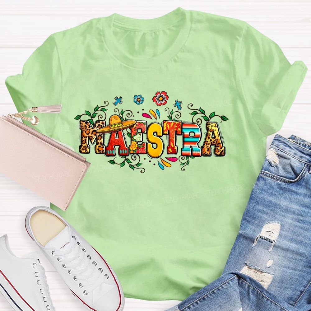 Maestra Sombrero Leopard Floral Teacher T-shirt