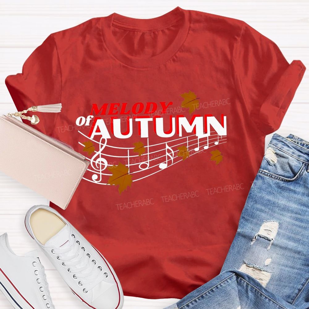 Melody Of Autumn Music Note Fall Maple Leaf Teacher T-shirt
