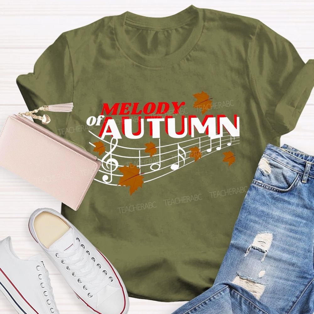 Melody Of Autumn Music Note Fall Maple Leaf Teacher T-shirt