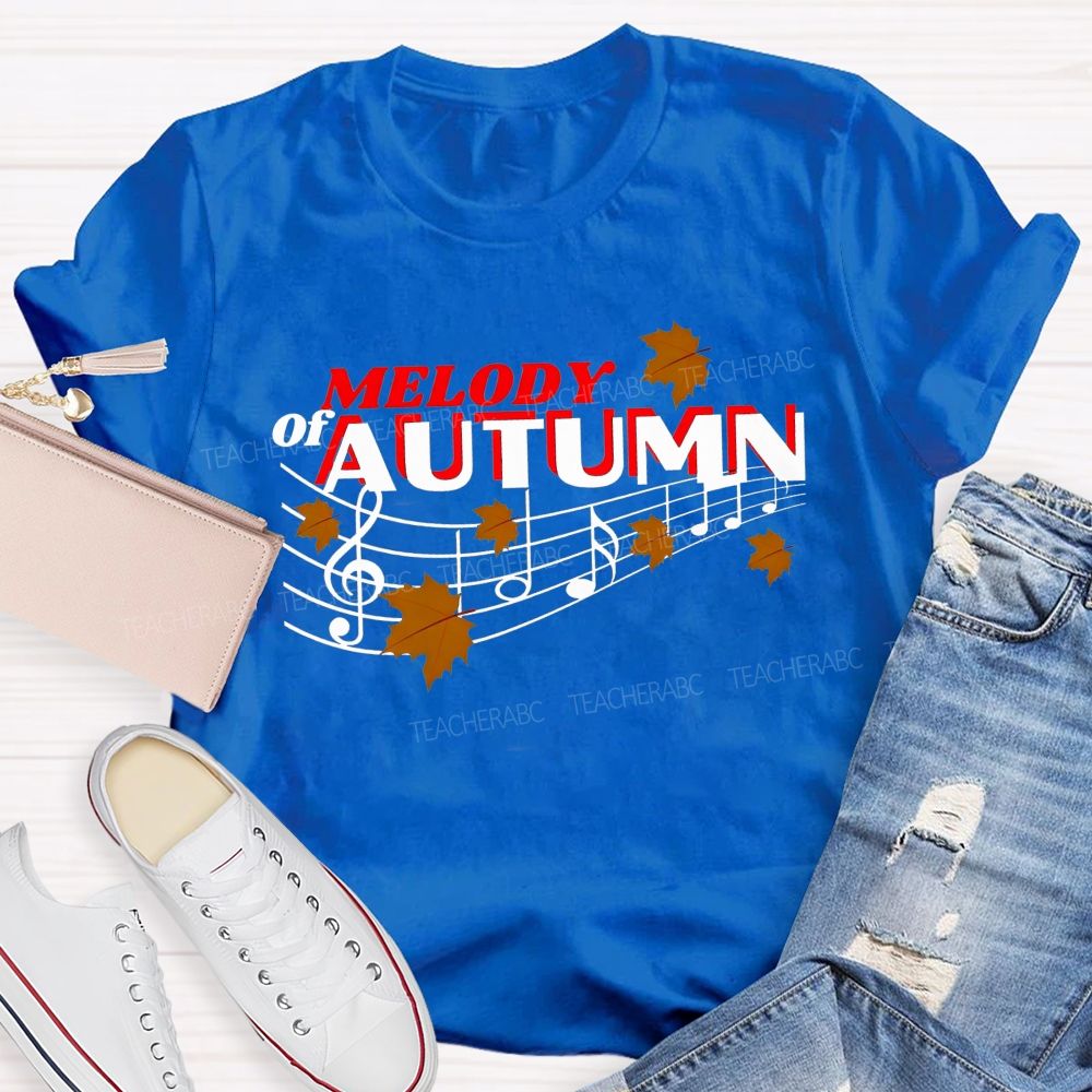 Melody Of Autumn Music Note Fall Maple Leaf Teacher T-shirt