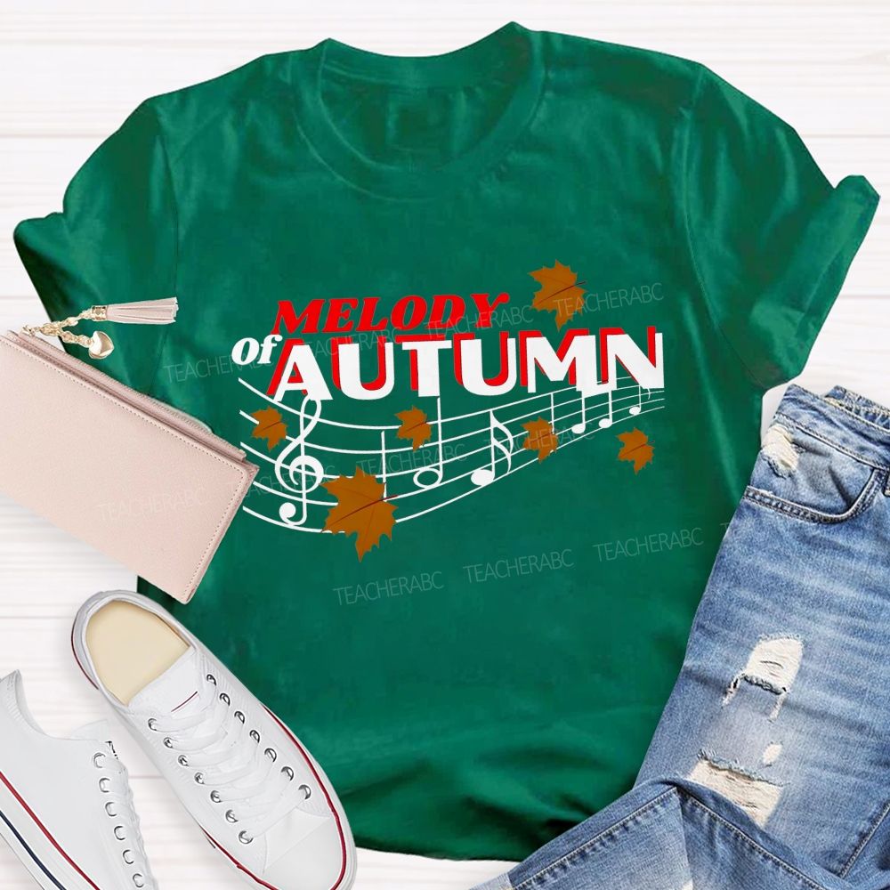 Melody Of Autumn Music Note Fall Maple Leaf Teacher T-shirt