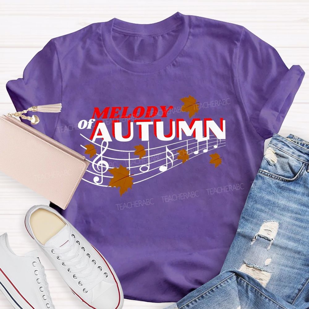Melody Of Autumn Music Note Fall Maple Leaf Teacher T-shirt