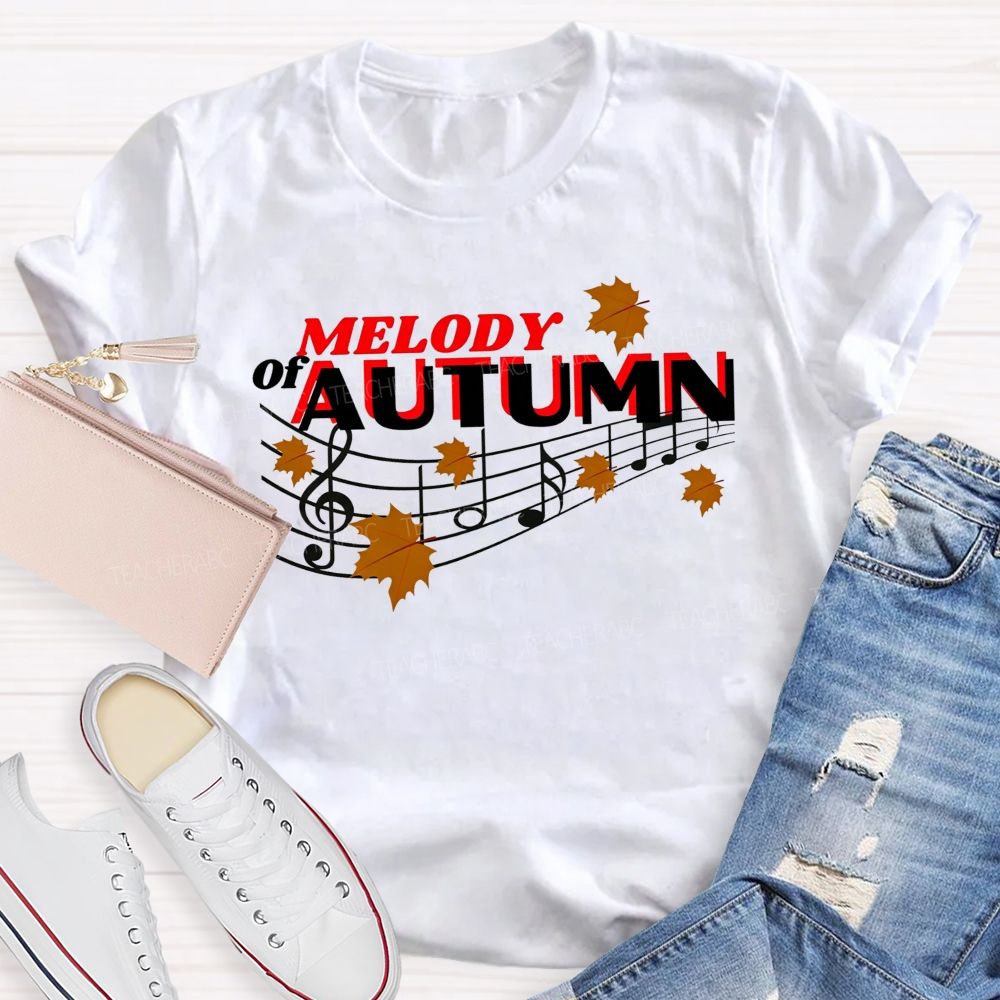 Melody Of Autumn Music Note Fall Maple Leaf Teacher T-shirt