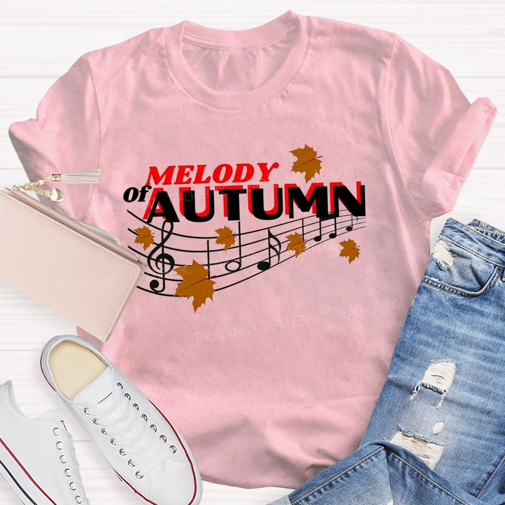 Melody Of Autumn Music Note Fall Maple Leaf Teacher T-shirt