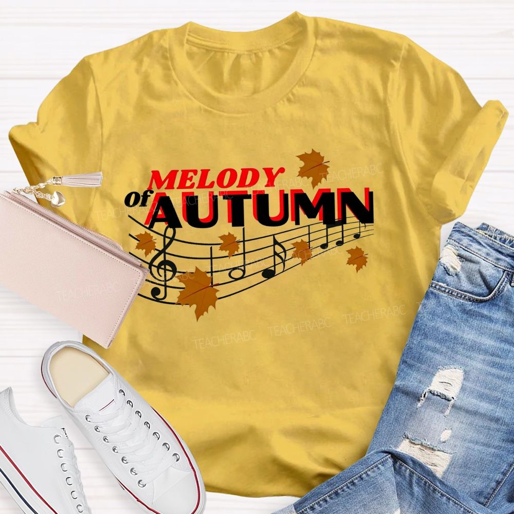 Melody Of Autumn Music Note Fall Maple Leaf Teacher T-shirt