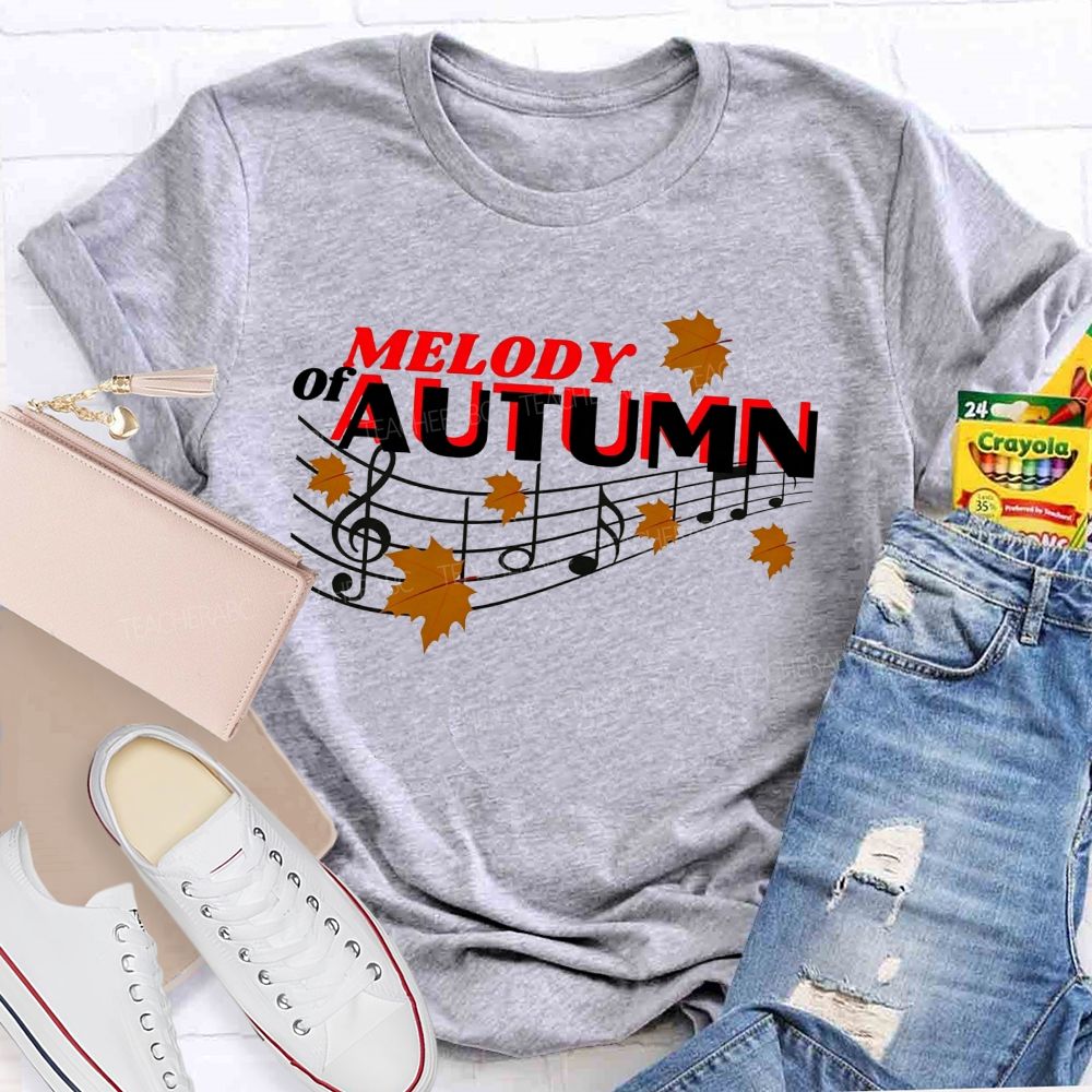Melody Of Autumn Music Note Fall Maple Leaf Teacher T-shirt