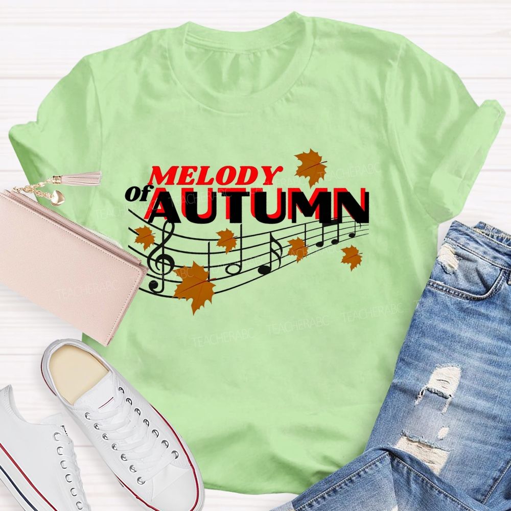 Melody Of Autumn Music Note Fall Maple Leaf Teacher T-shirt