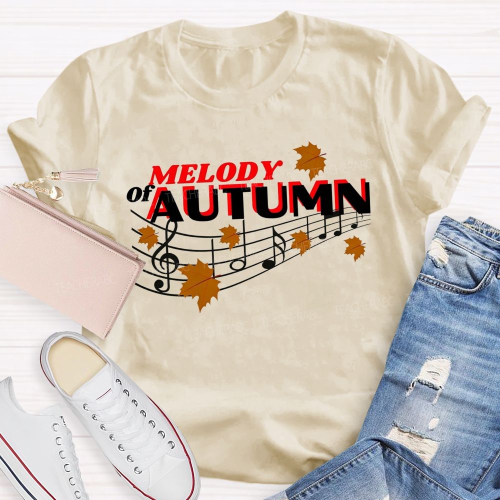 Melody Of Autumn Music Note Fall Maple Leaf Teacher T-shirt