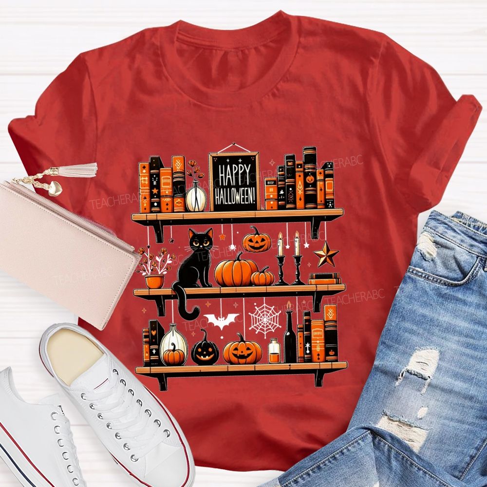 Happy Halloween Bookshelf Black Cat Pumpkin Librarian T-shirt
