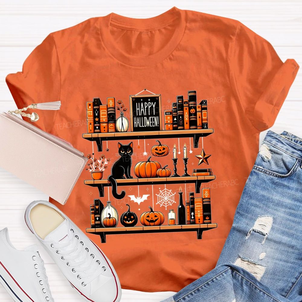 Happy Halloween Bookshelf Black Cat Pumpkin Librarian T-shirt