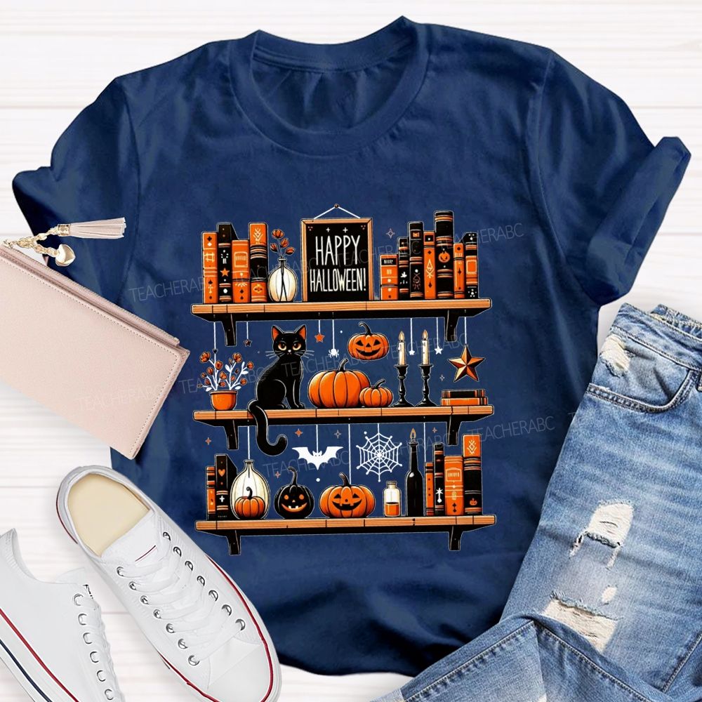 Happy Halloween Bookshelf Black Cat Pumpkin Librarian T-shirt