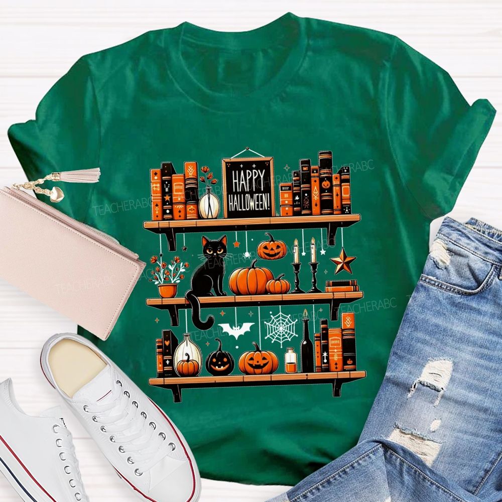 Happy Halloween Bookshelf Black Cat Pumpkin Librarian T-shirt
