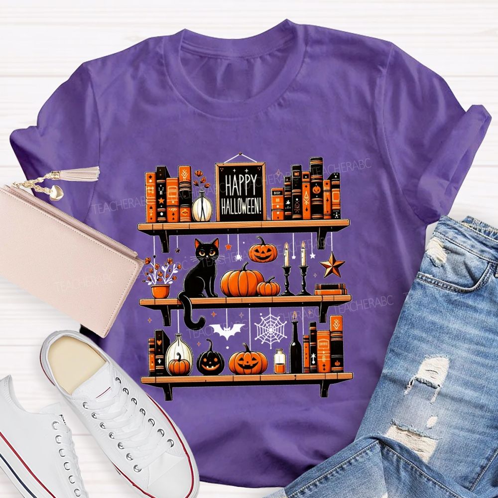 Happy Halloween Bookshelf Black Cat Pumpkin Librarian T-shirt