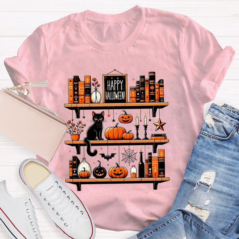Happy Halloween Bookshelf Black Cat Pumpkin Librarian T-shirt