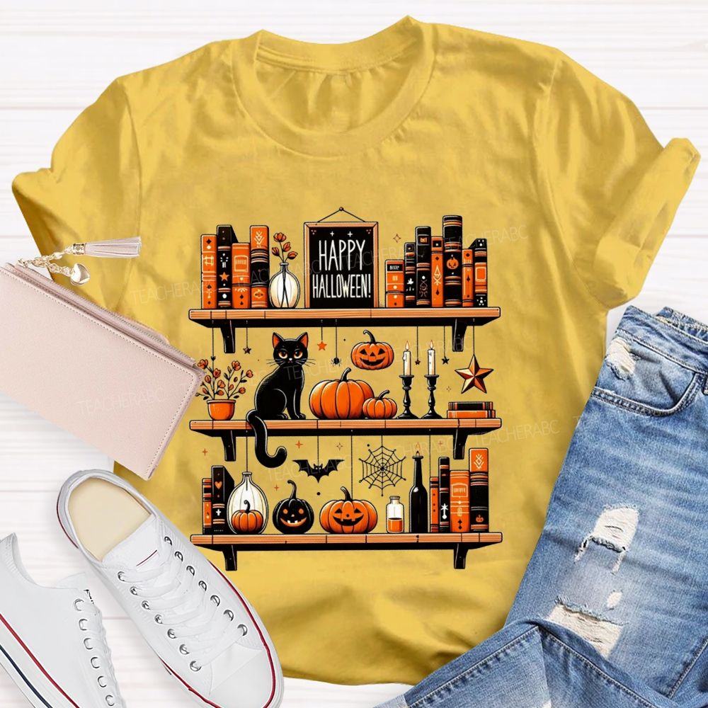 Happy Halloween Bookshelf Black Cat Pumpkin Librarian T-shirt